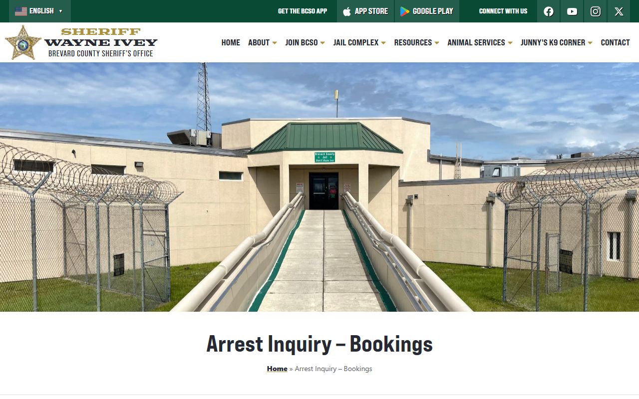 Brevard County Sheriff Arrest Inquiry page linking to the inmate population search