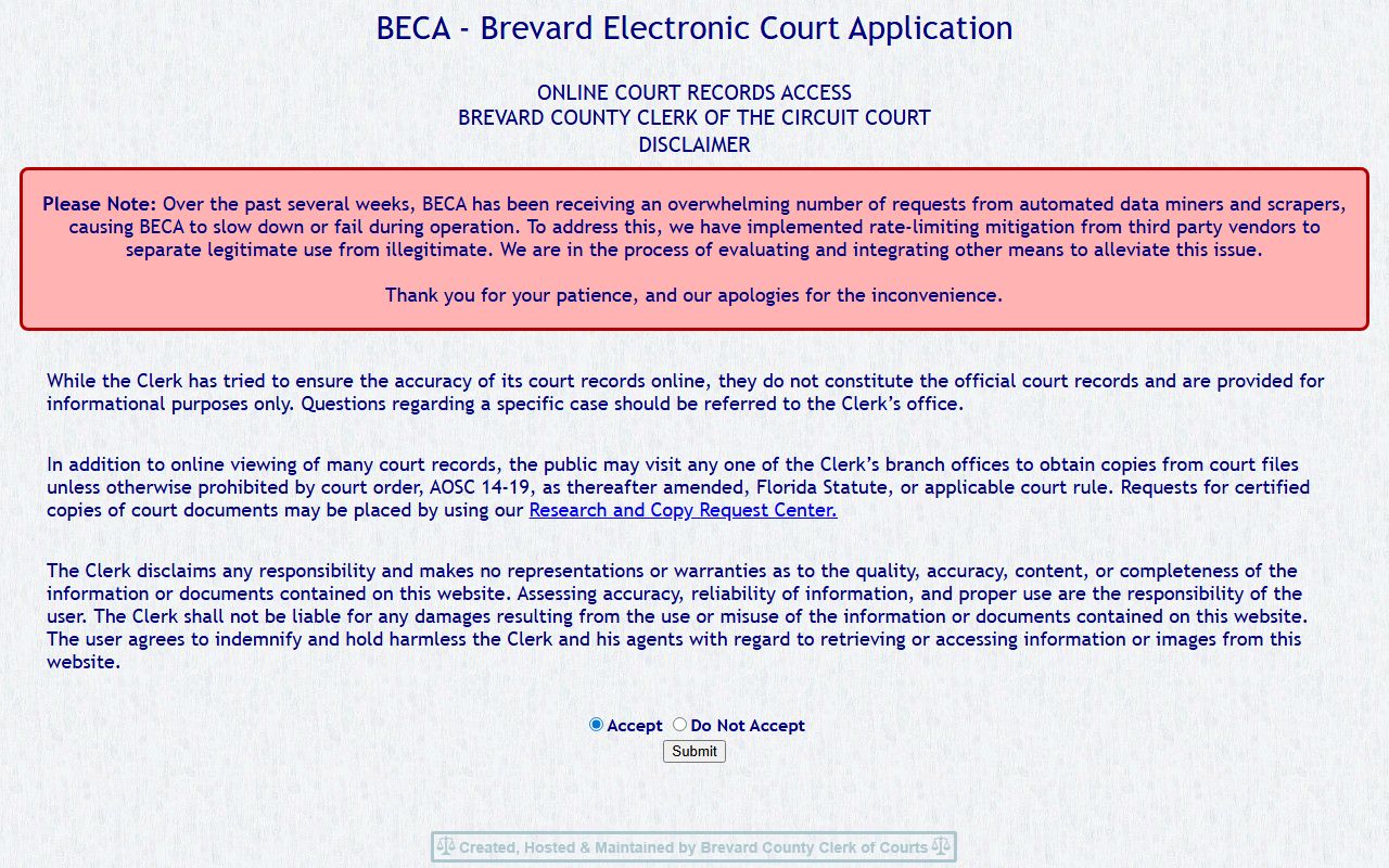BECA disclaimer screen for Brevard County court records after an arrest
