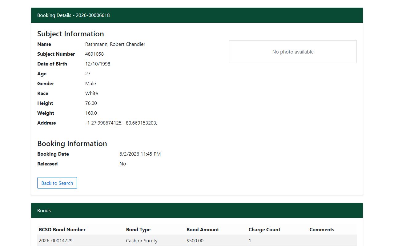 Sample Brevard County booking detail page showing the mugshot photo area and fields