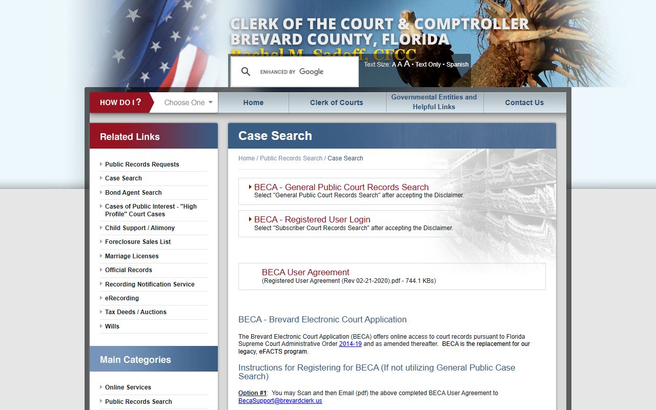 Brevard Clerk Case Search page for court records after a jail arrest