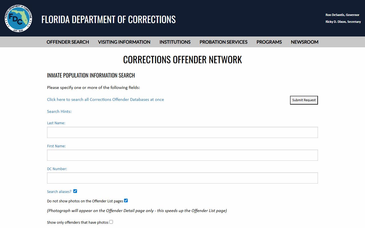 Florida DOC inmate population search form for sentenced Brevard County prisoners