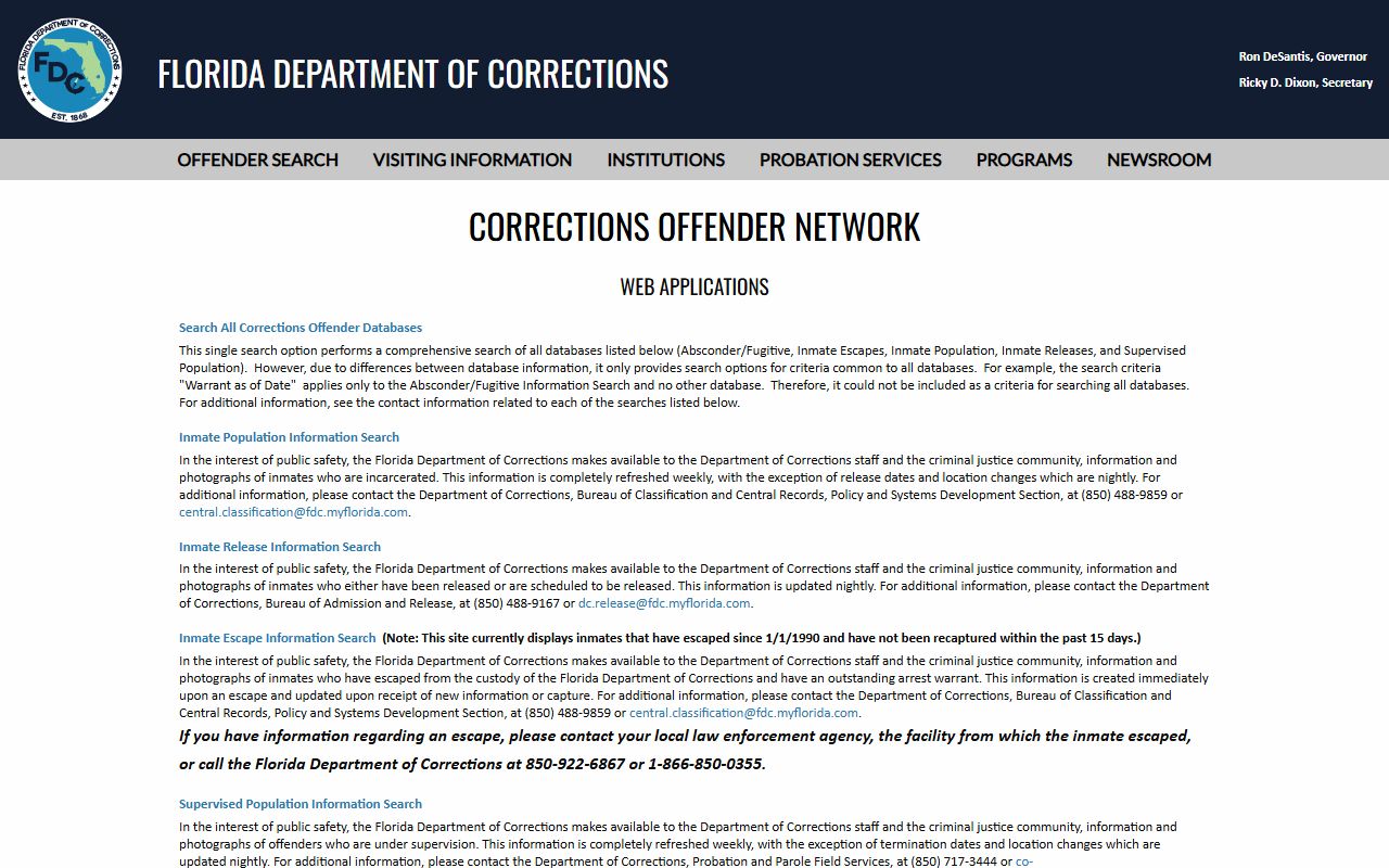 Florida DOC Corrections Offender Network menu for Brevard County state inmate records