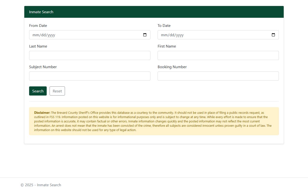 Brevard County inmate records search form with date, name, subject, and booking number fields