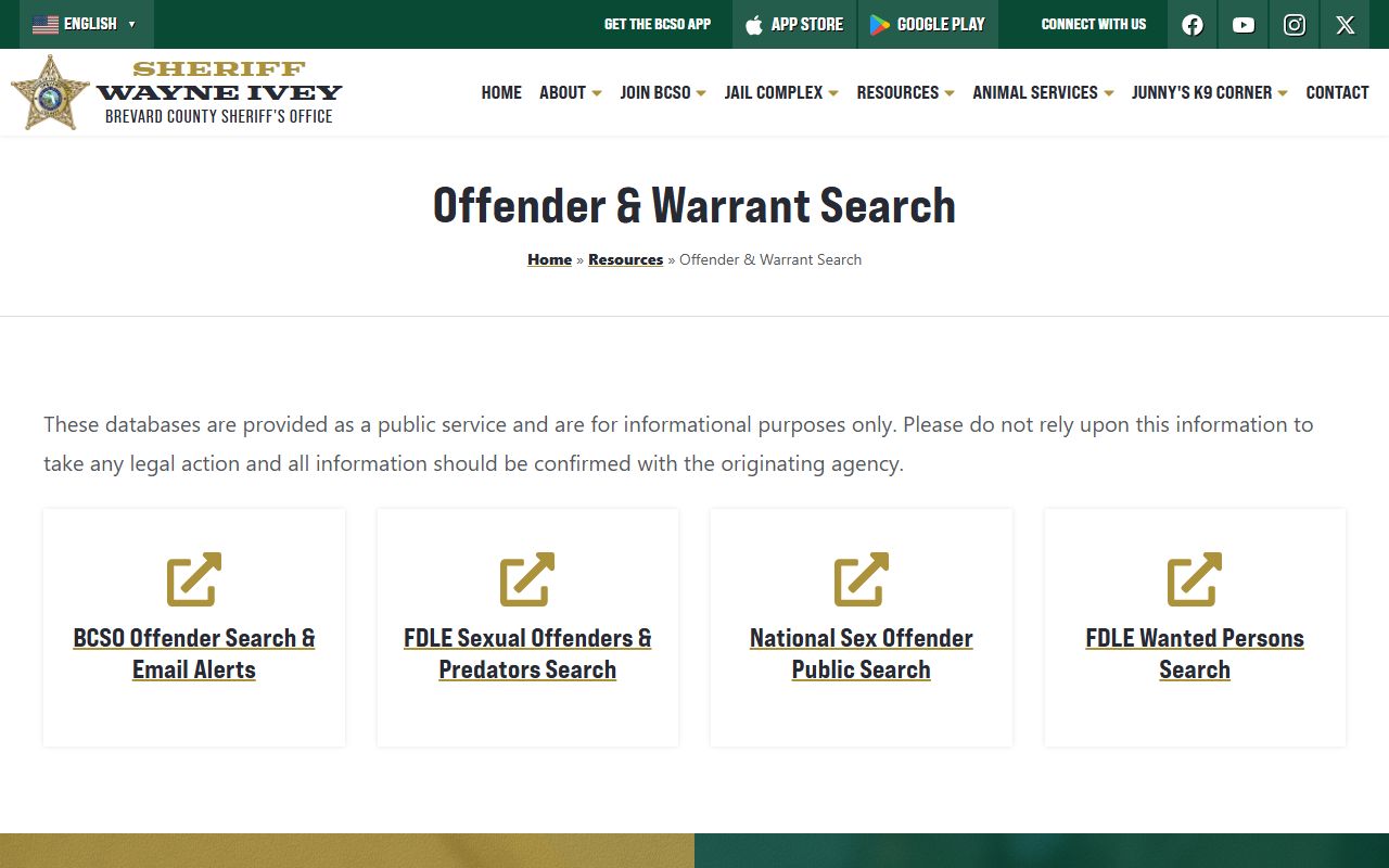 Brevard County offender and warrant search page tied to court records after an arrest