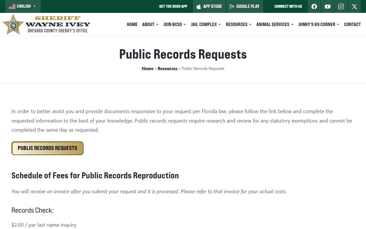 Brevard County Sheriff public records request page and fee schedule for booking photos