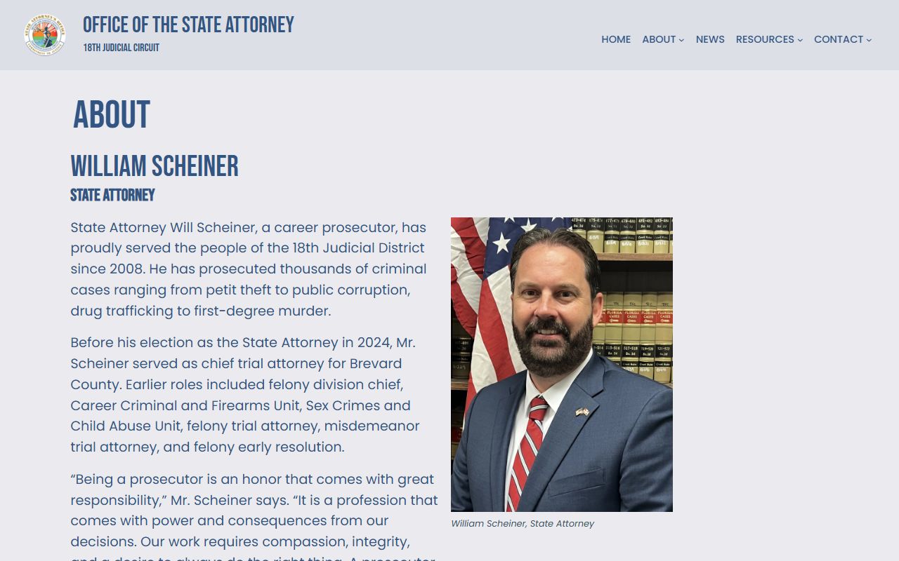 State Attorney bio page for the prosecutor who files Brevard County court records after an arrest